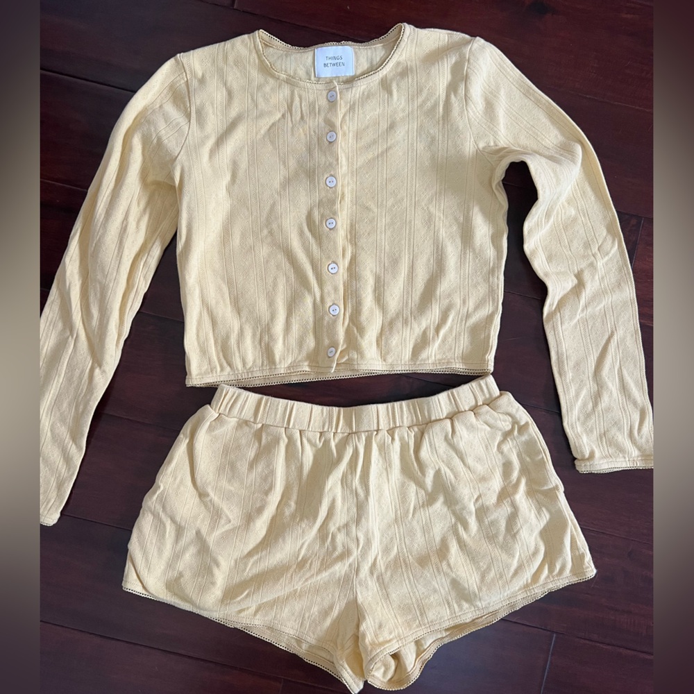 Things Between Ribbed Button-Front Cropped Top & Short Set - Pale Yellow